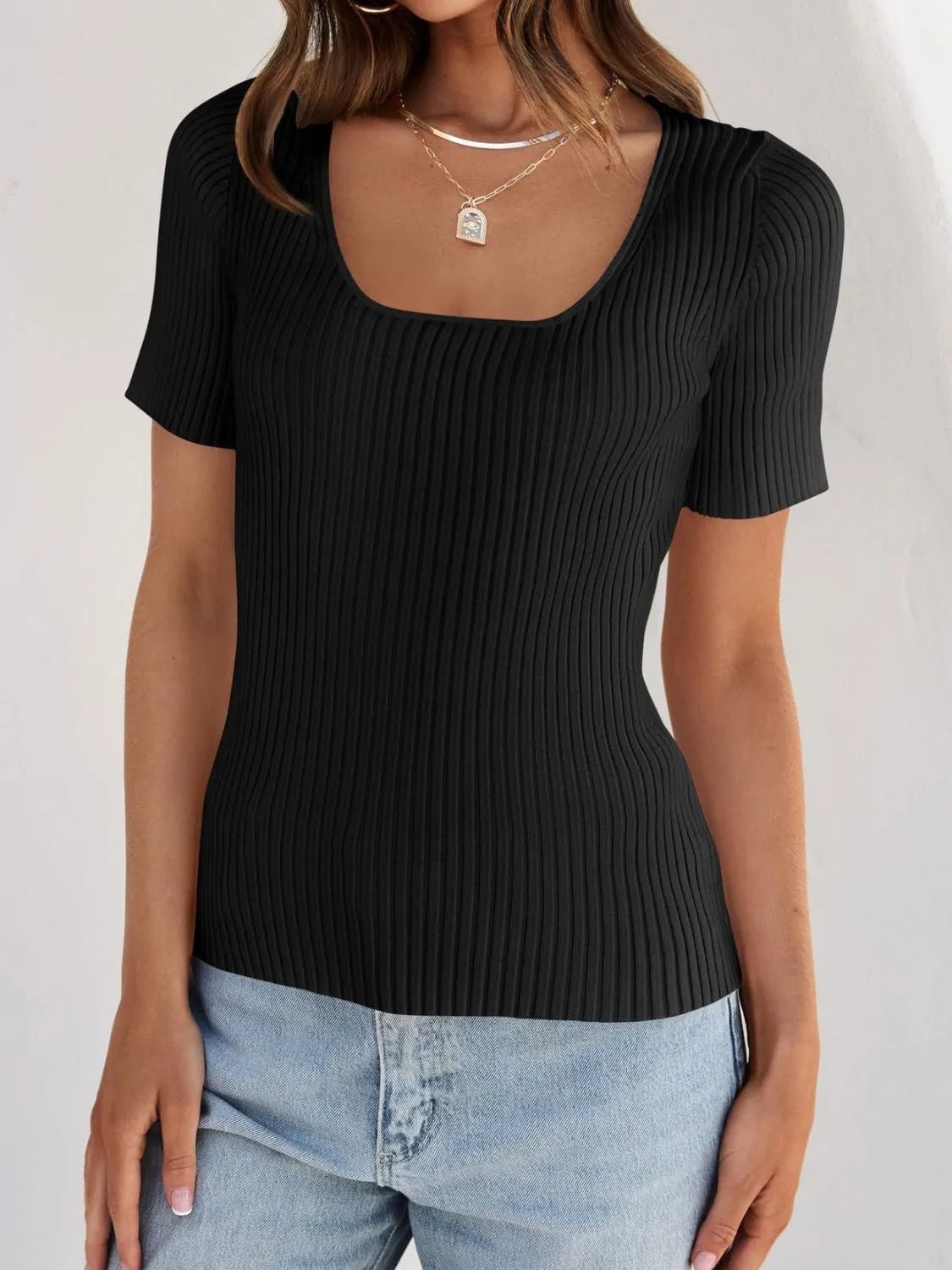Ribbed Square Neck Short Sleeve Knit Top - JUST - JEN BOUTIQUE