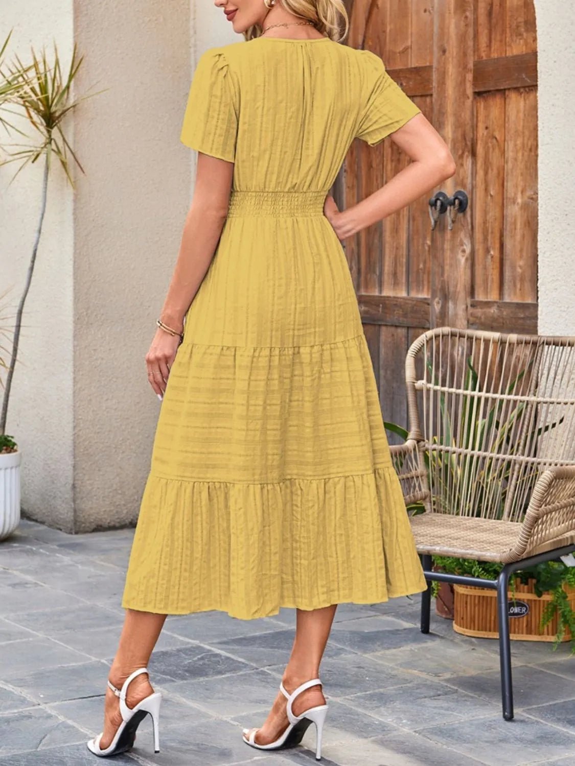 Tiered Notched Short Sleeve Dress - JUST - JEN BOUTIQUE