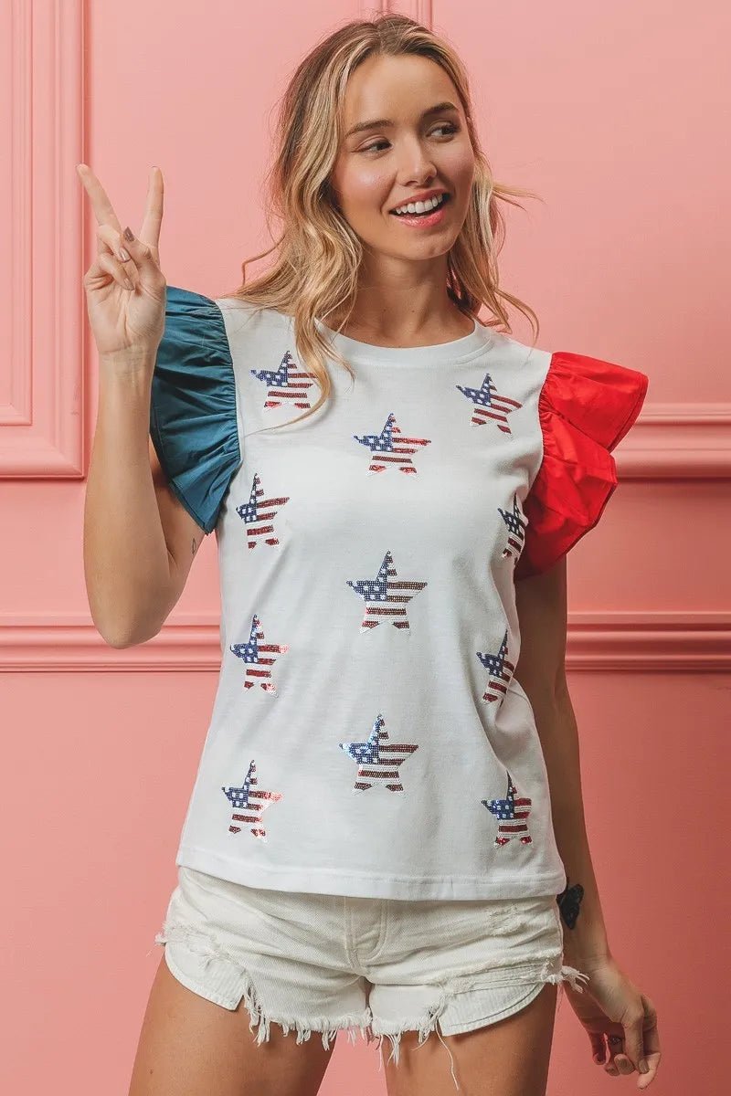 BiBi American Flag Sequin Stars Top - JUST - JEN BOUTIQUE