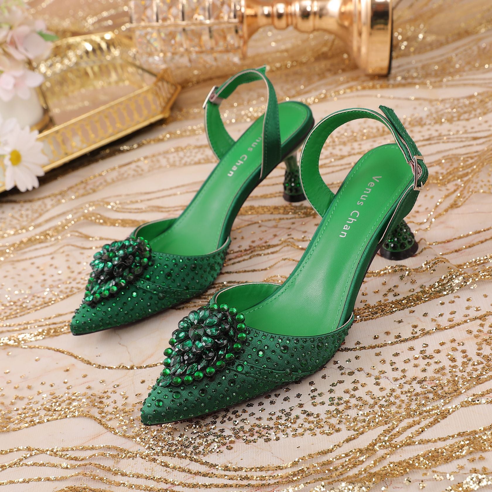 Rhinestone Point Toe Flare Heel Slingback Pumps - JUST - JEN BOUTIQUE