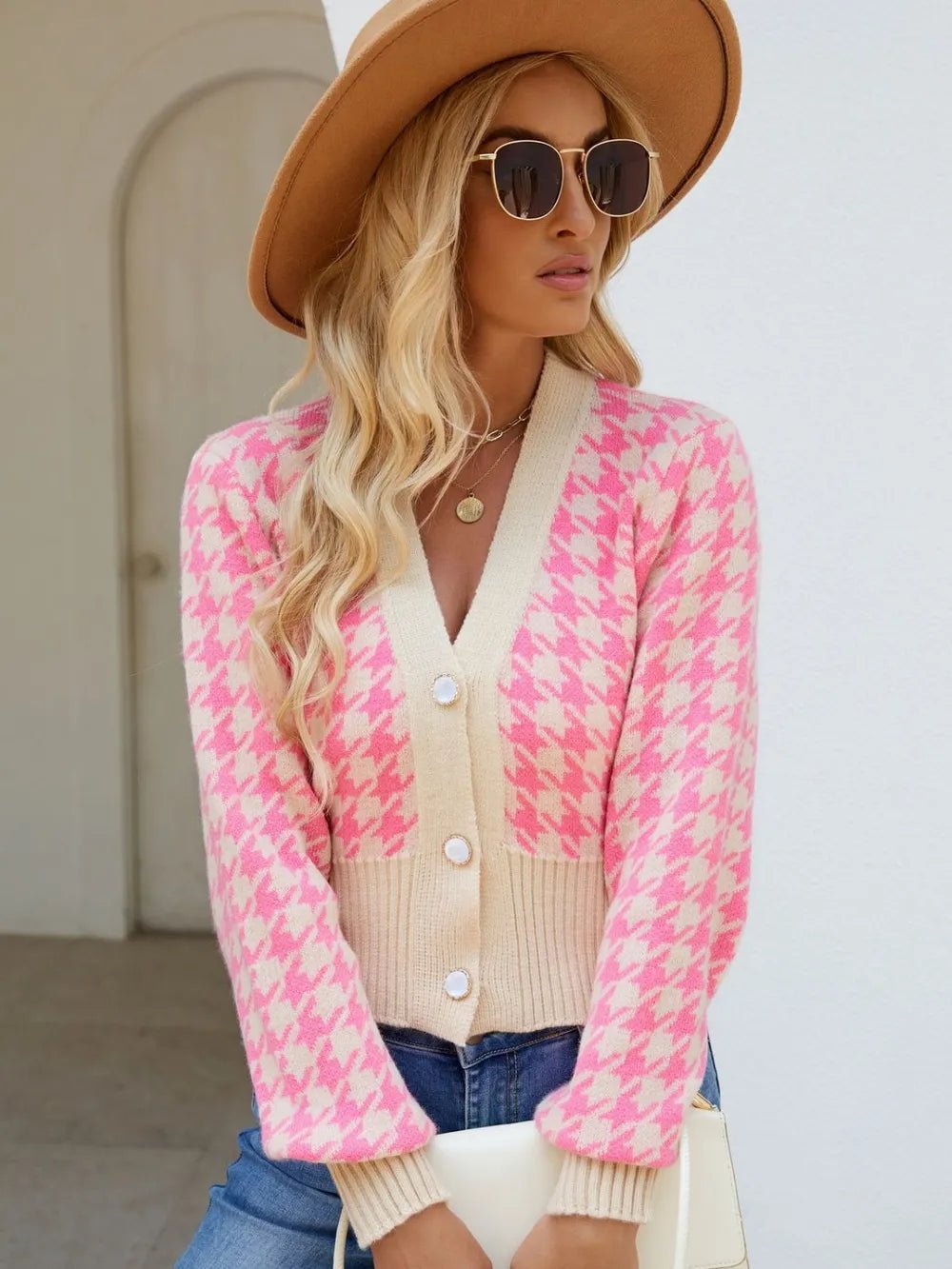 Houndstooth Button Up Long Sleeve Cardigan - JUST - JEN BOUTIQUE