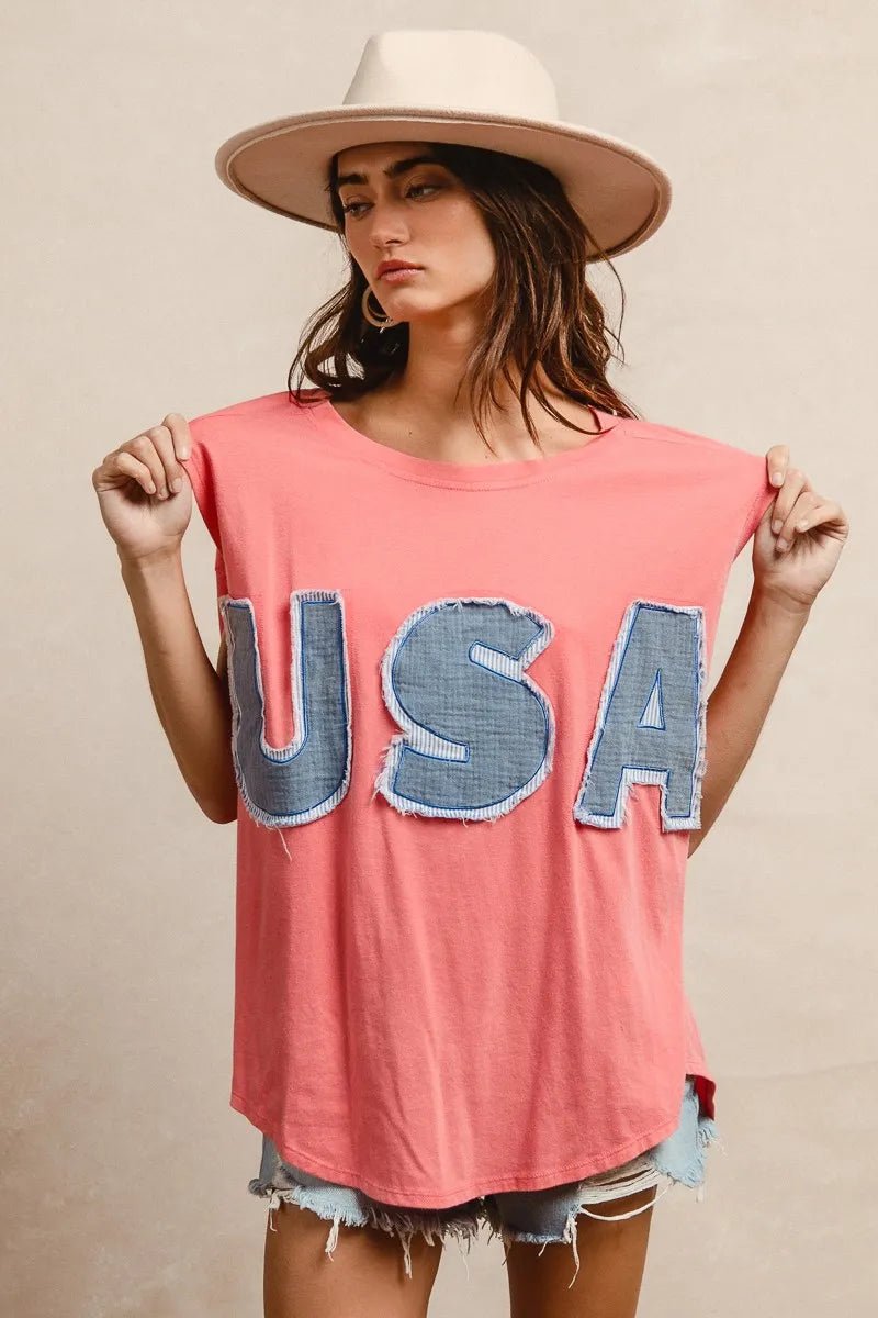 BiBi Washed Jersey With Usa Patched Raw Cut Edge Detail - JUST - JEN BOUTIQUE