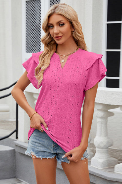 Eyelet Notched Short Sleeve T-Shirt