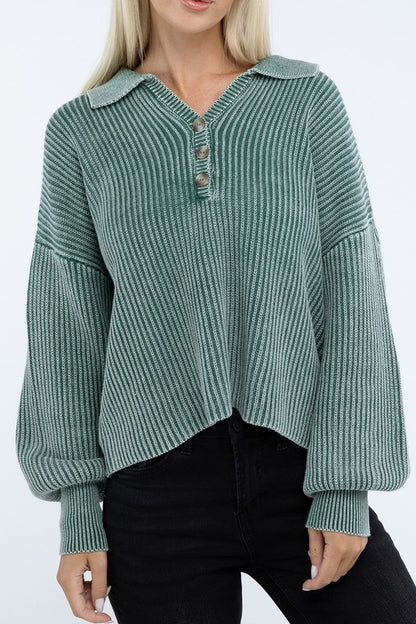 Washed Collared Henley Sweater