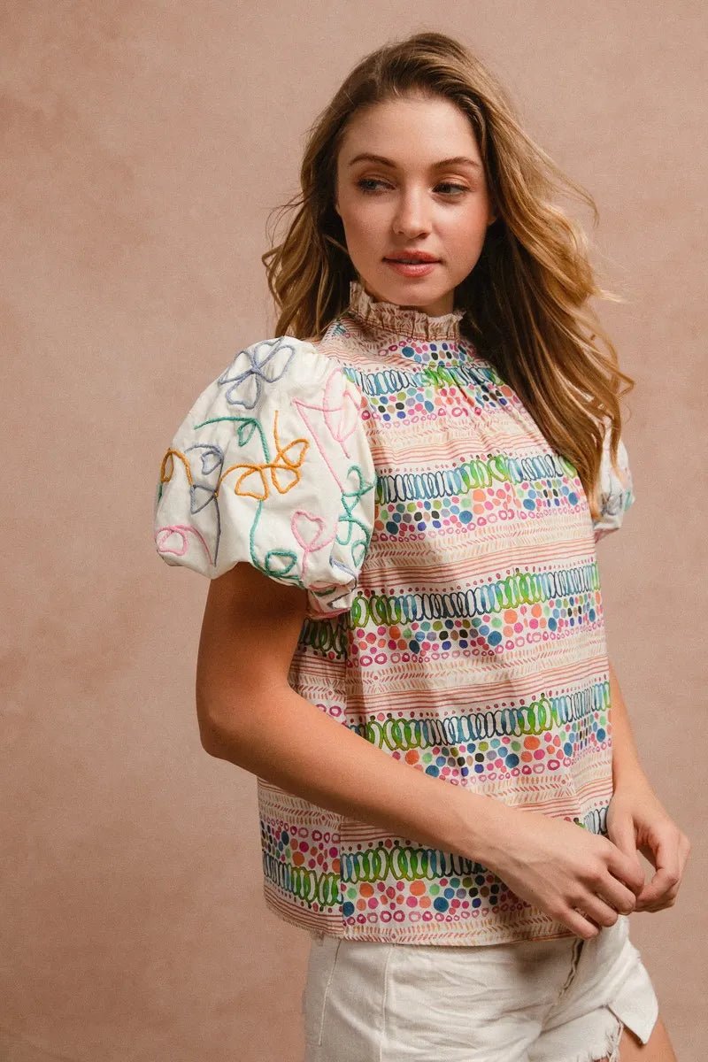 BiBi Ruffle Neckline Blouse With Embroidery Bubble Sleeve - JUST - JEN BOUTIQUE