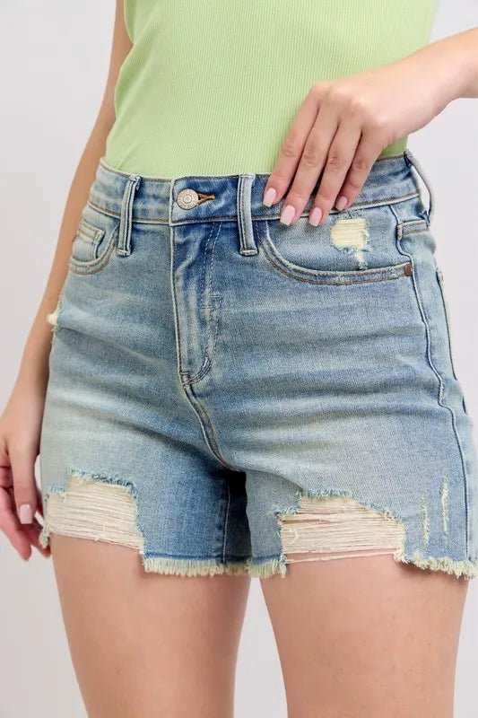 Judy Blue Full Size High Rise Washed Fly Stitch Detail and Destroy Denim Shorts Plus Size - JUST - JEN BOUTIQUE
