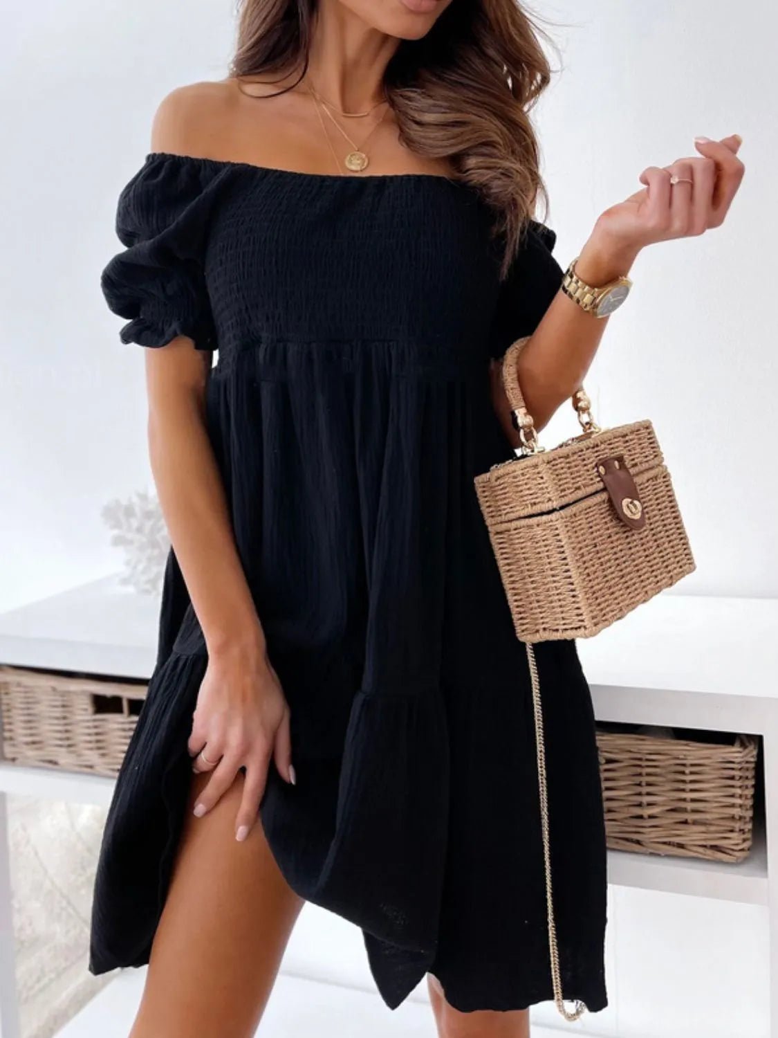 Smocked Off - Shoulder Mini Dress - JUST - JEN BOUTIQUE