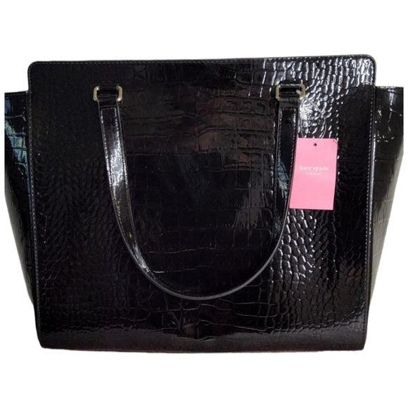 KATE SPADE New York Black Elissa Bristol Drive Croc Leather Handbag W/Dust Bag
