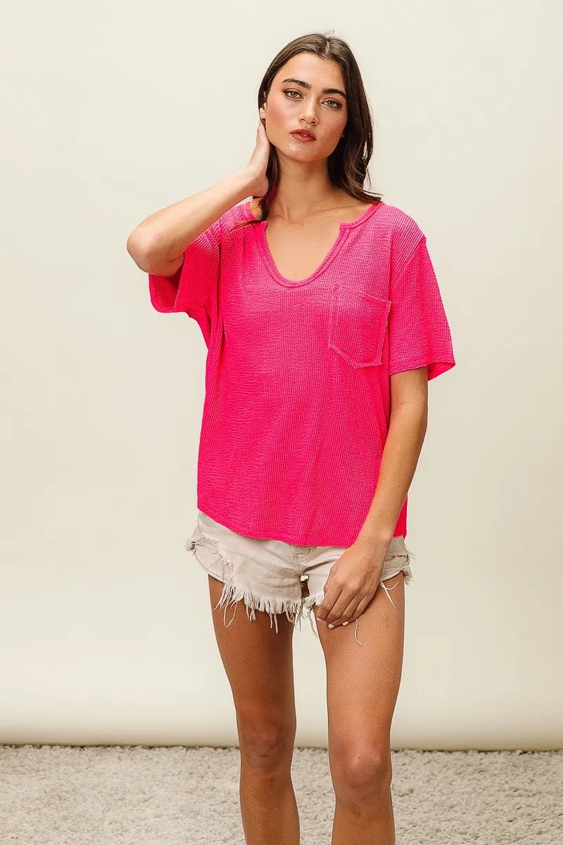 BiBi Waved Rib U Neck Top With Front Pocket - JUST - JEN BOUTIQUE