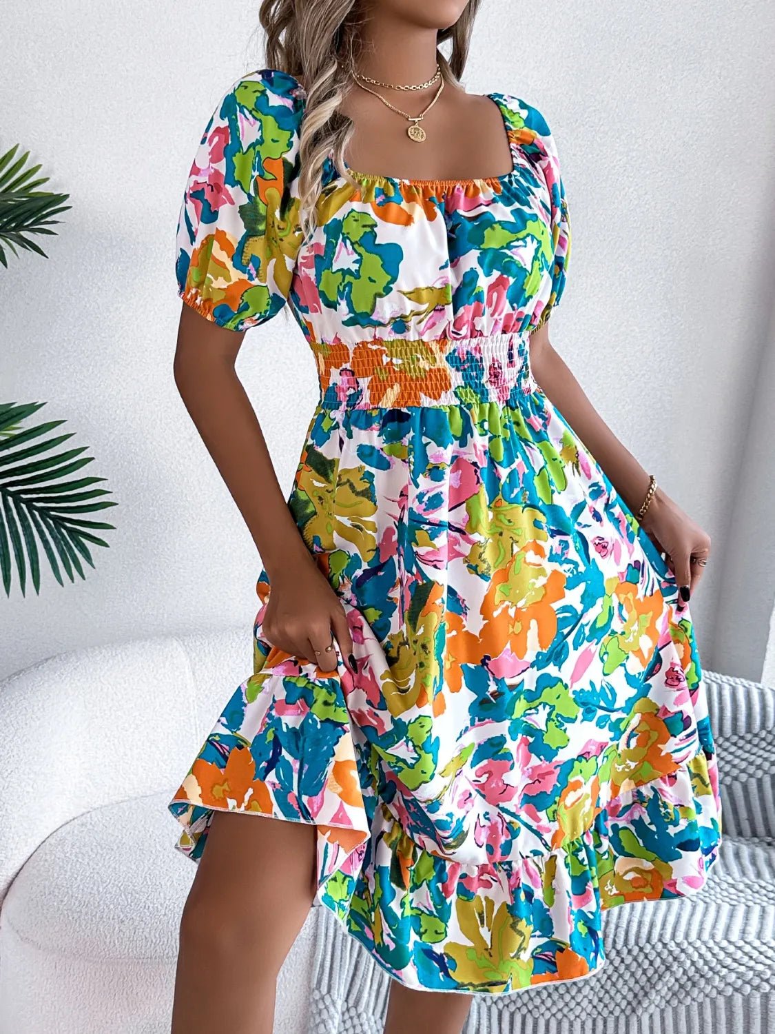 Ruffled Hem Smocked Floral Short Sleeve Midi Dress - JUST - JEN BOUTIQUE