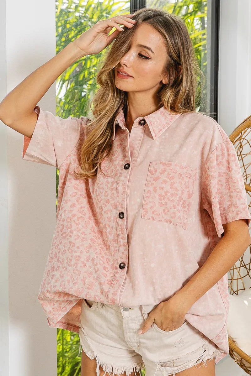 BiBi Mineral Washed Leopard Print Short Sleeve Shirt - JUST - JEN BOUTIQUE