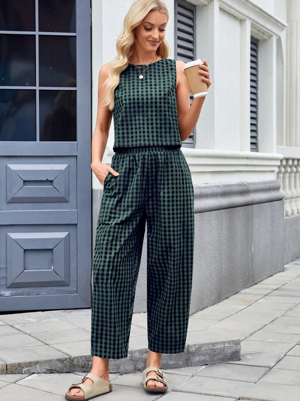 Plaid Sleeveless Top and Pants Set - JUST - JEN BOUTIQUE