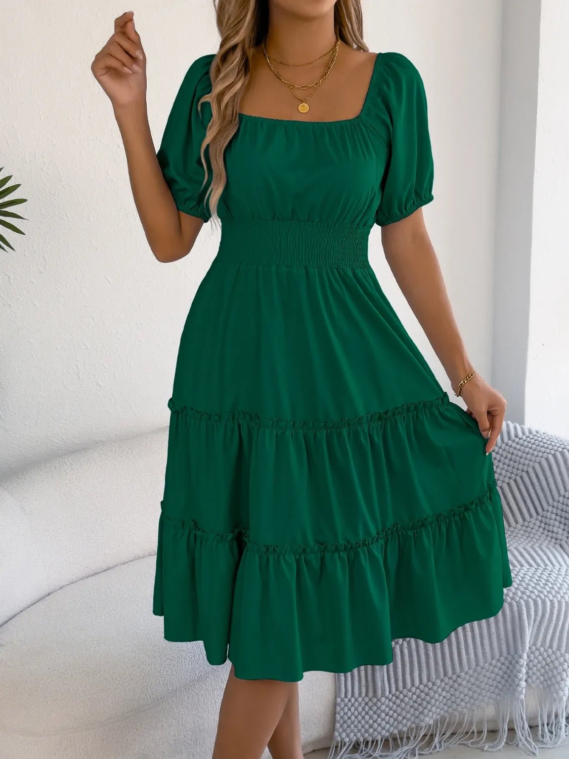 Square Neck Short Puff Sleeve Dress - JUST - JEN BOUTIQUE