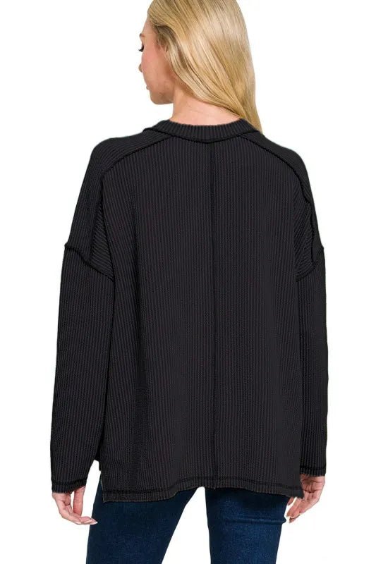 Zenana Full Size Exposed Seam Long Sleeve Corded Rib Knit Top Plus Size - JUST - JEN BOUTIQUE