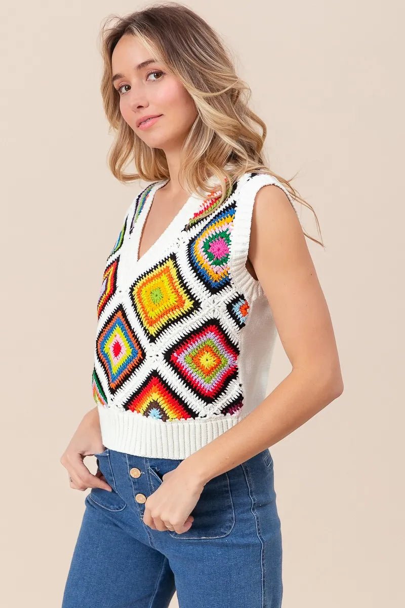 BiBi Diamond Granny Square Sweater Vest - JUST - JEN BOUTIQUE
