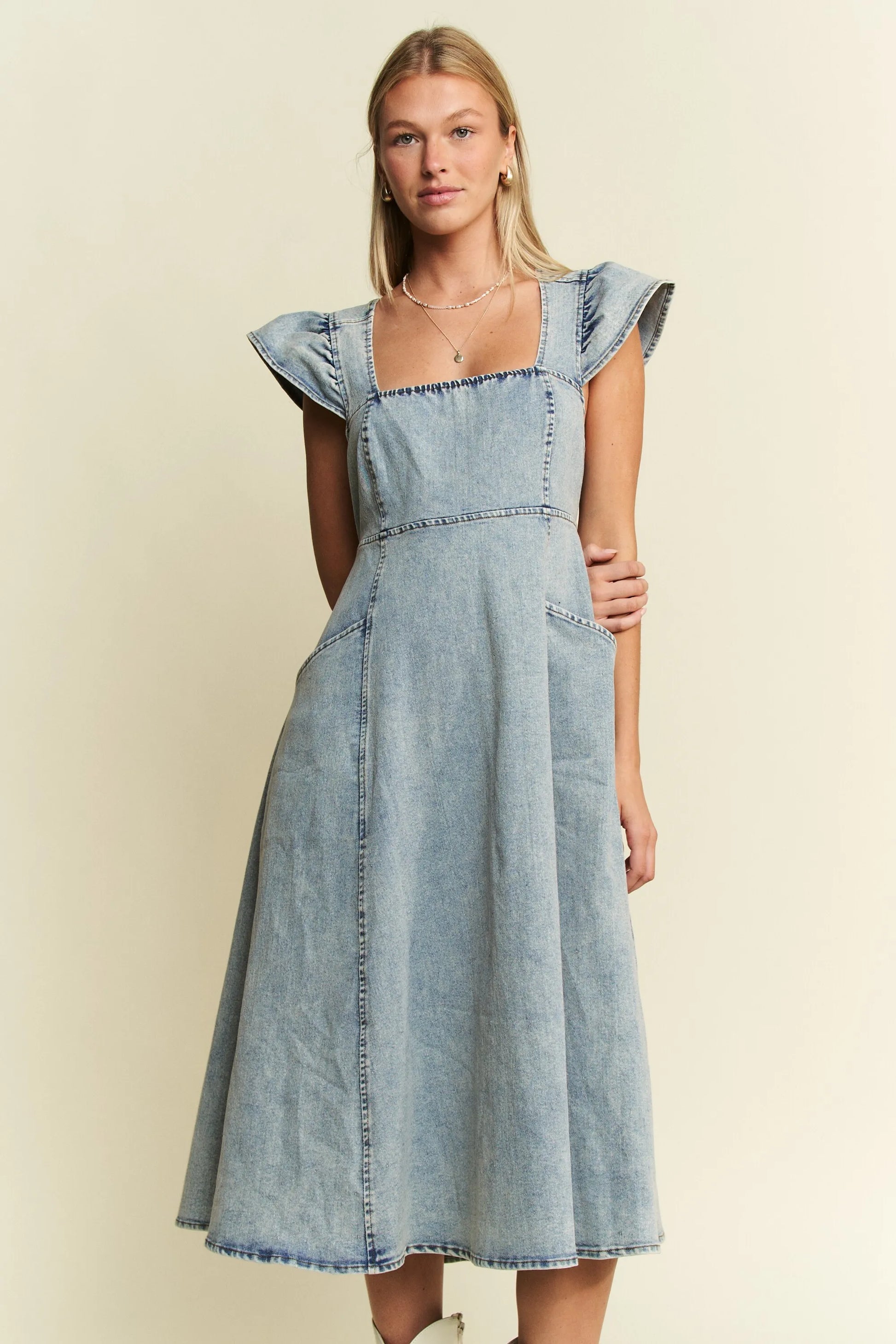 Jade By Jane Full Size Ruffled Denim Midi Dress Plus Size - JUST - JEN BOUTIQUE