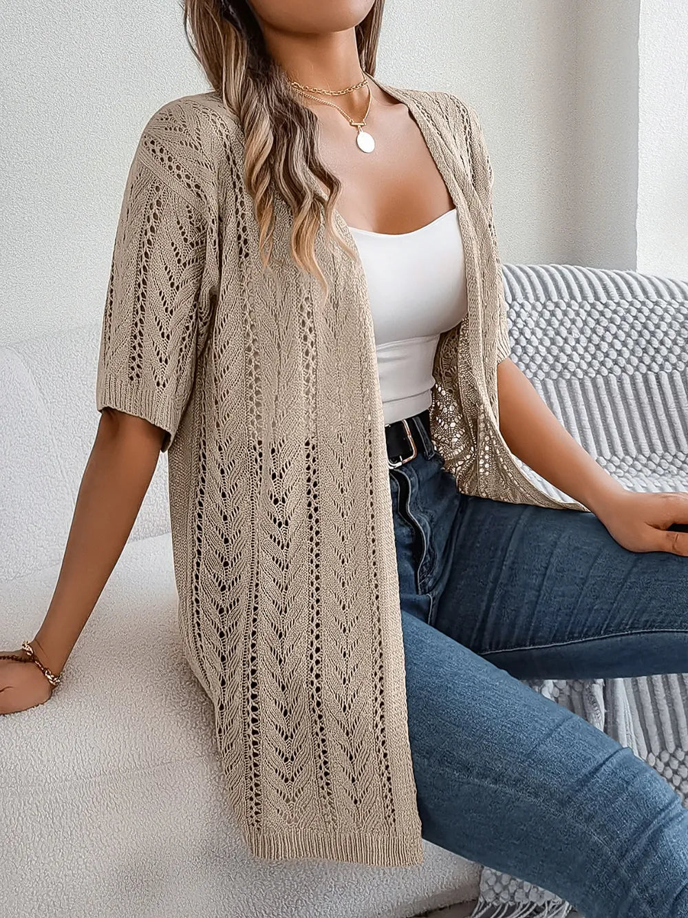 Openwork Open Front Half Sleeve Cardigan - JUST - JEN BOUTIQUE