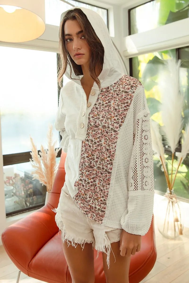 BiBi Slub Jersey with Lace Combo Buttoned Hoodie Top - JUST - JEN BOUTIQUE