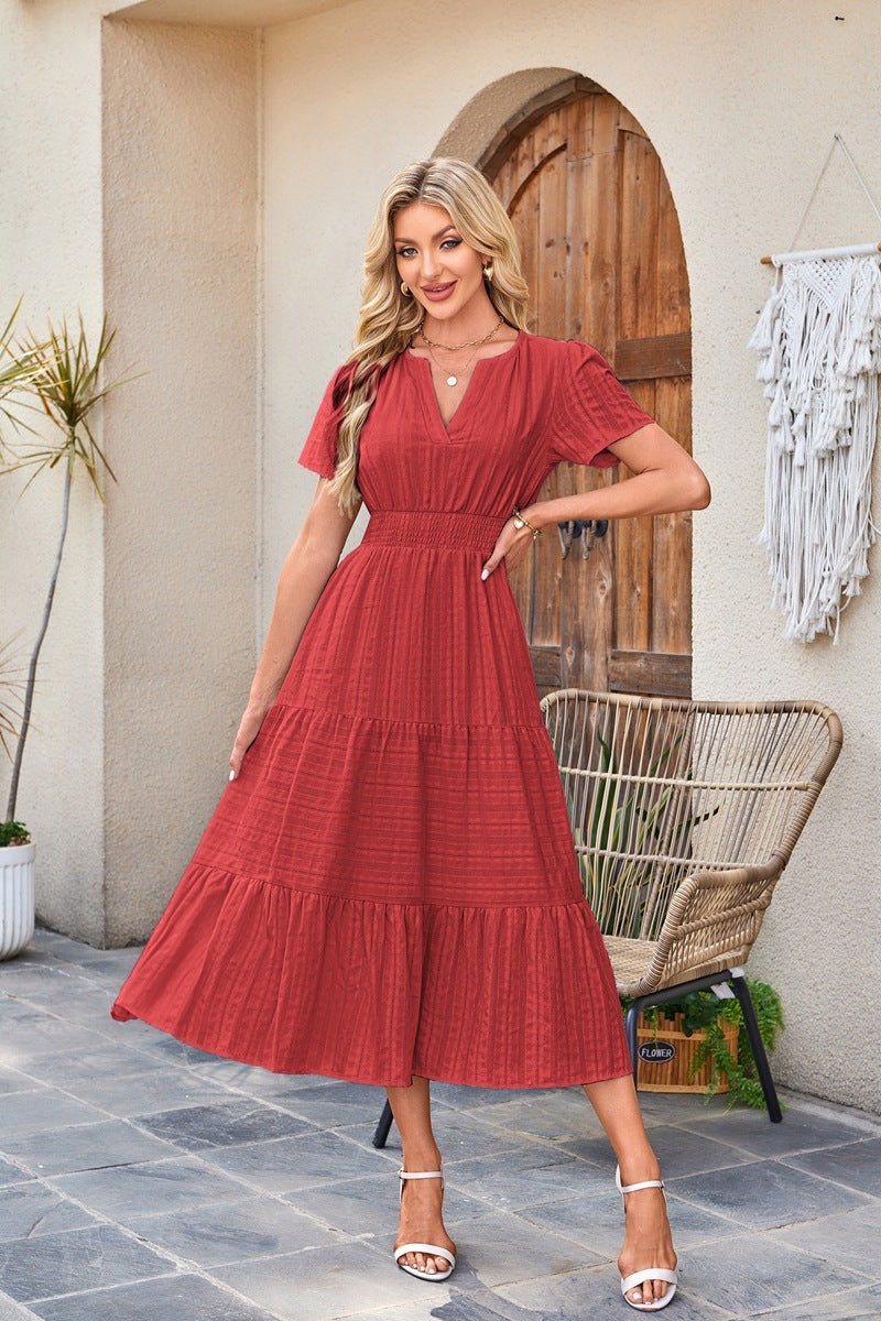 V - neck pleated bubble sleeves large swing short sleeved dress - JUST - JEN BOUTIQUE