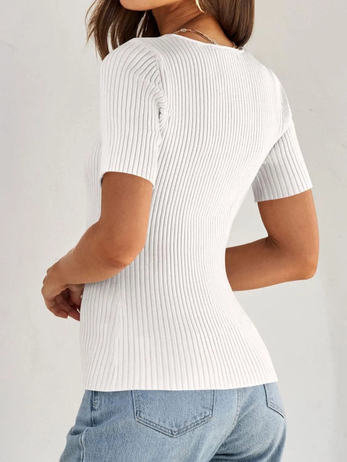 Ribbed Square Neck Short Sleeve Knit Top - JUST - JEN BOUTIQUE
