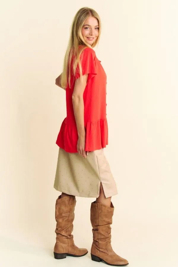 Davi & Dani Solid Lace Trim Neck Short Sleeve Peplum Top - JUST - JEN BOUTIQUE