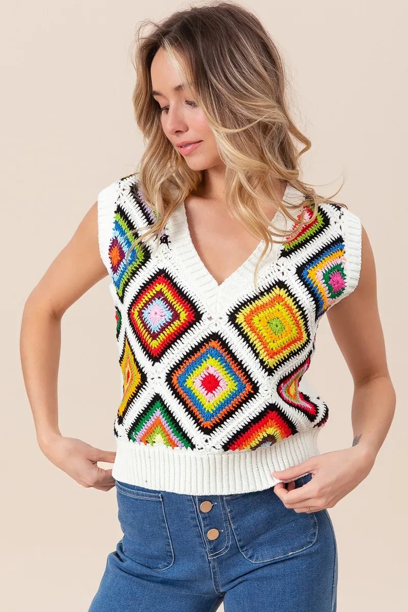 BiBi Diamond Granny Square Sweater Vest - JUST - JEN BOUTIQUE