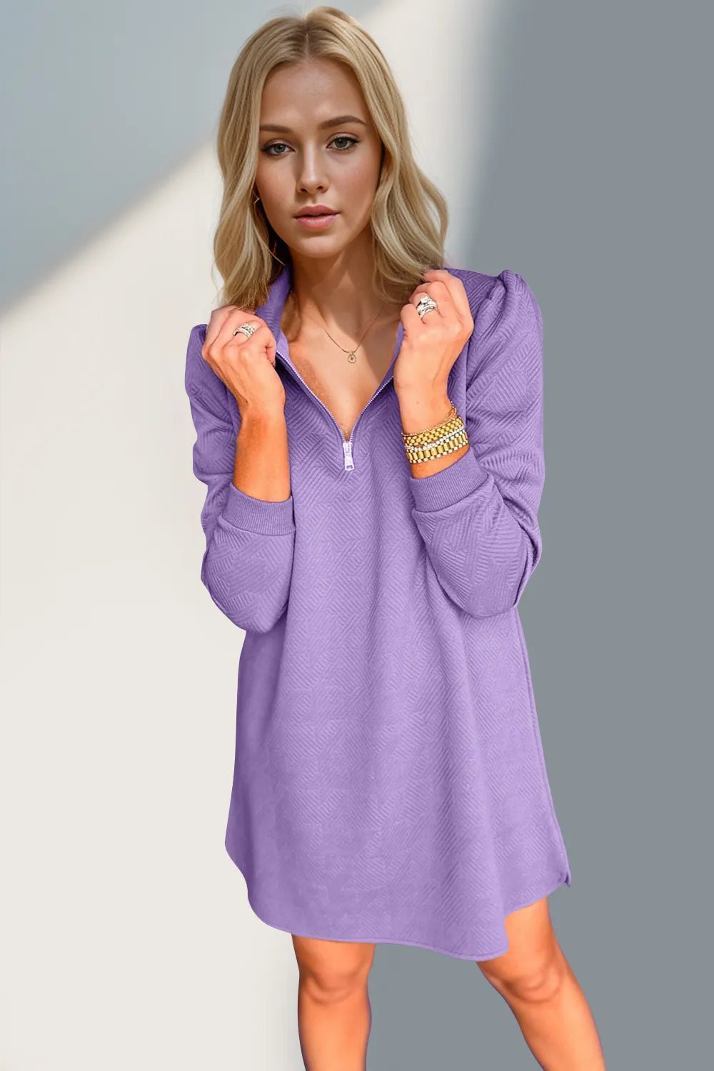 Double Take Textured Quarter Zip Long Sleeve Dress - JUST - JEN BOUTIQUE