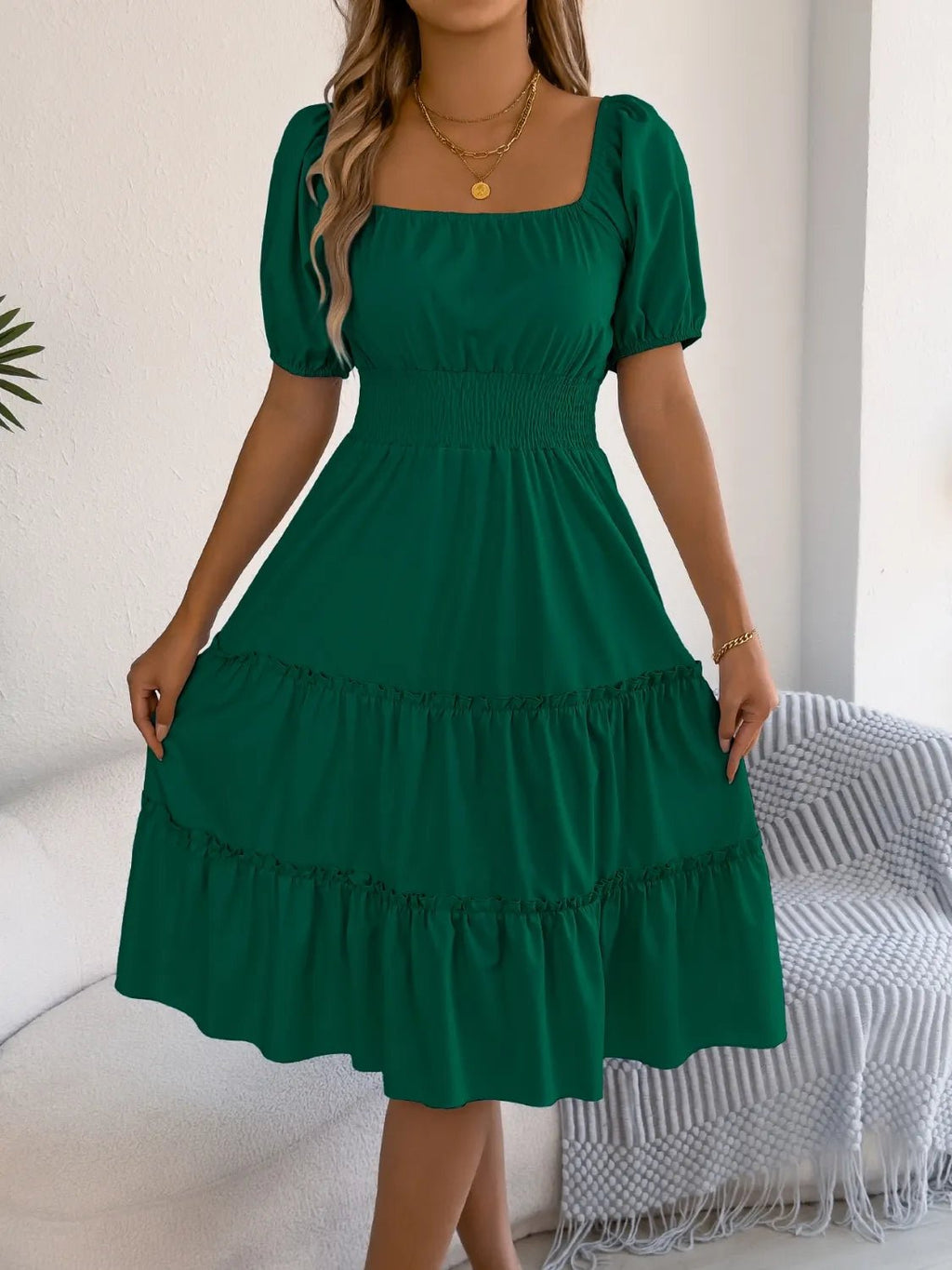 Square Neck Short Puff Sleeve Dress - JUST - JEN BOUTIQUE