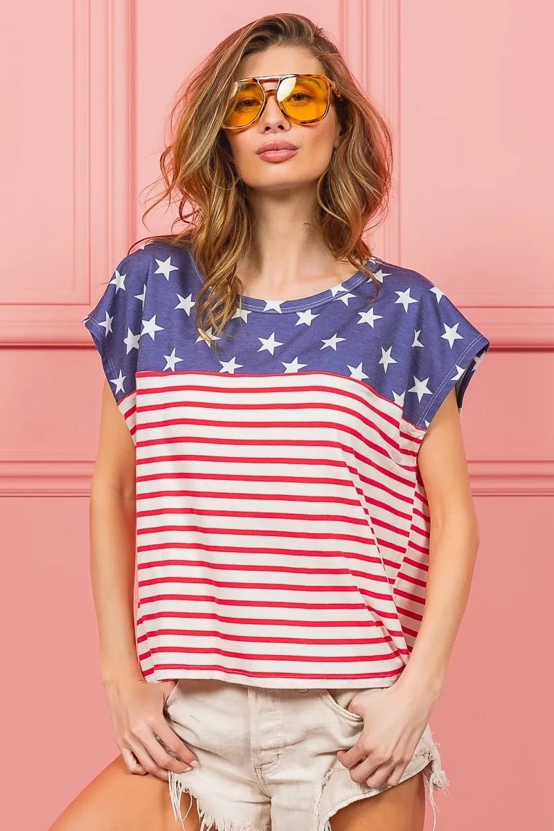 BiBi Star Rpinted with Stripe Combo Top - JUST - JEN BOUTIQUE
