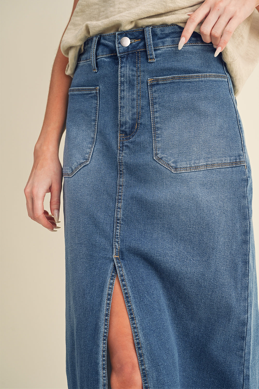 Sky Blue 4 Patch Pockets Front Slit Midi Denim Skirt