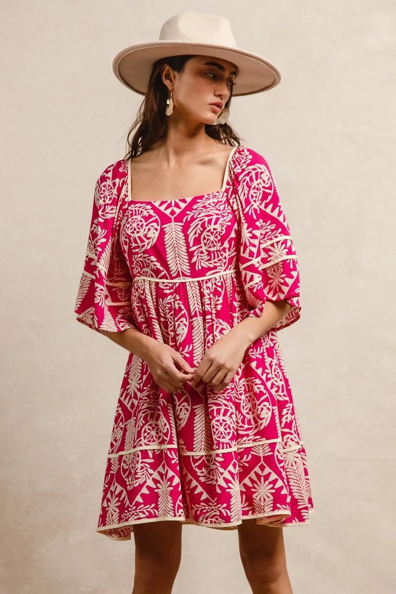 BiBi Aztec Woven Printed Contrast Binding Dress - JUST - JEN BOUTIQUE