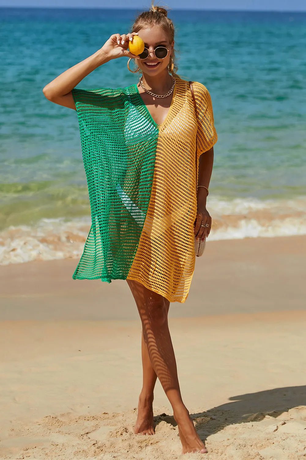 Angel Wings Openwork Contrast Slit Knit Cover Up - JUST - JEN BOUTIQUE