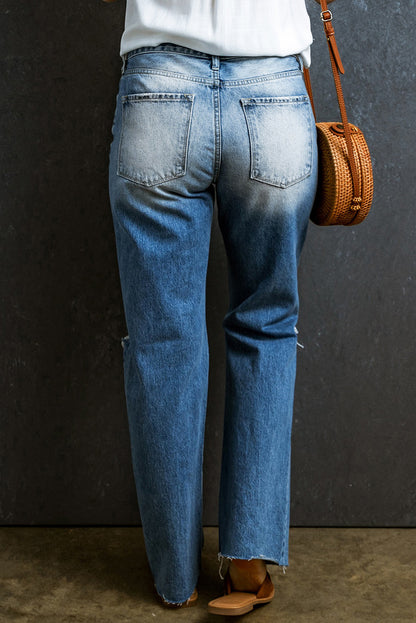 Light Blue Acid Wash Distressed Straight Leg Jeans