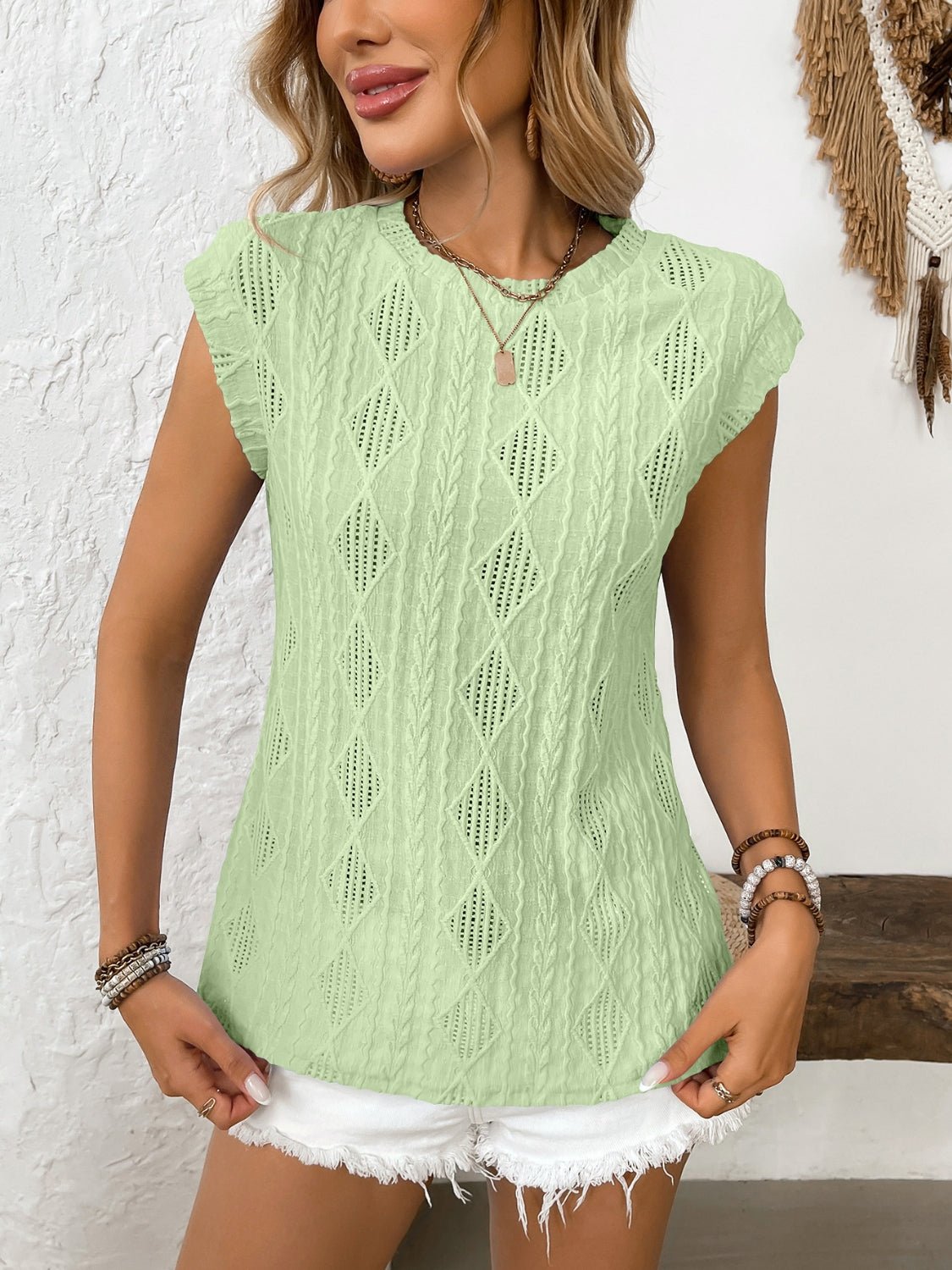 Eyelet Round Neck Cap Sleeve Top - JUST - JEN BOUTIQUE