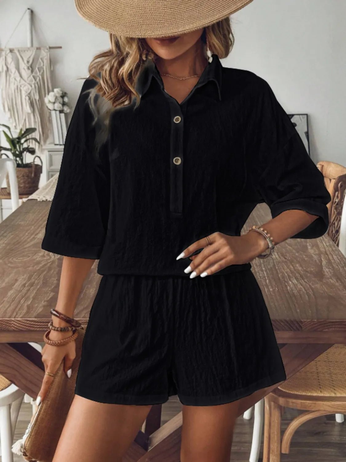 Collared Neck Half Sleeve Top and Shorts Set - JUST - JEN BOUTIQUE
