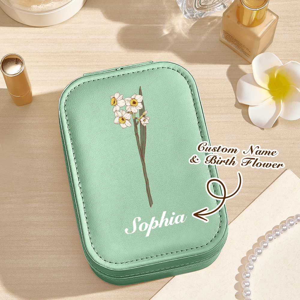 Personalized Birth Flower PU Leather Jewelry Box with LED Makeup Mirror Birthday Gift for Her - JUST - JEN BOUTIQUE