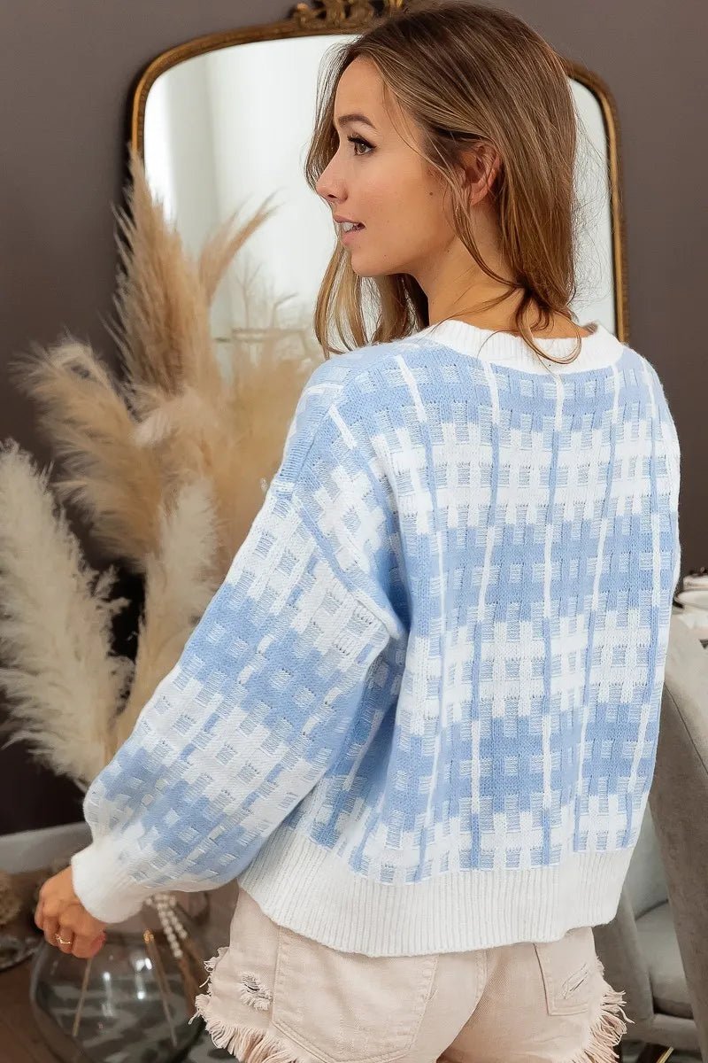 BiBi Hashtag Grid Textured V - Neck Sweater - JUST - JEN BOUTIQUE