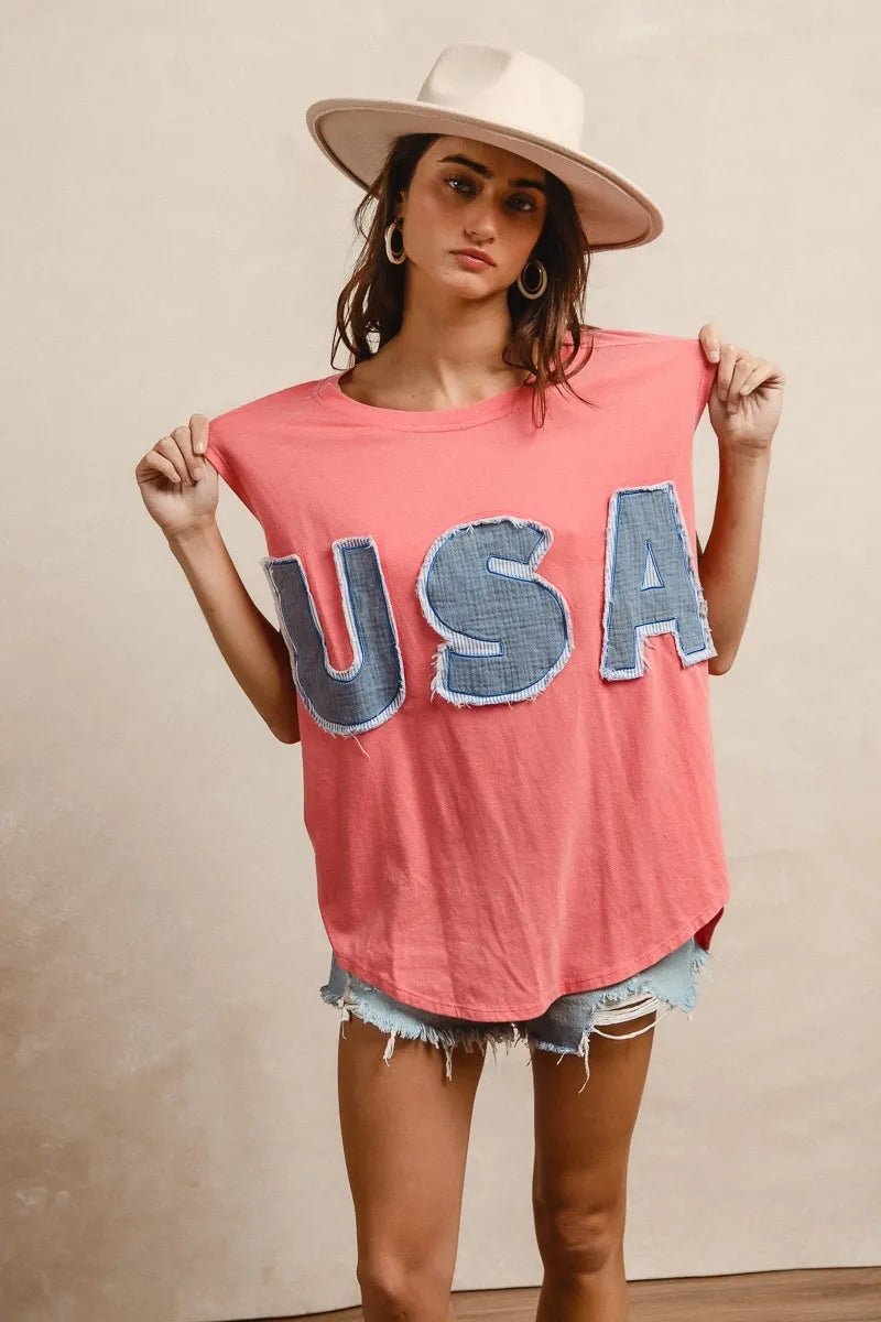 BiBi Washed Jersey With Usa Patched Raw Cut Edge Detail - JUST - JEN BOUTIQUE