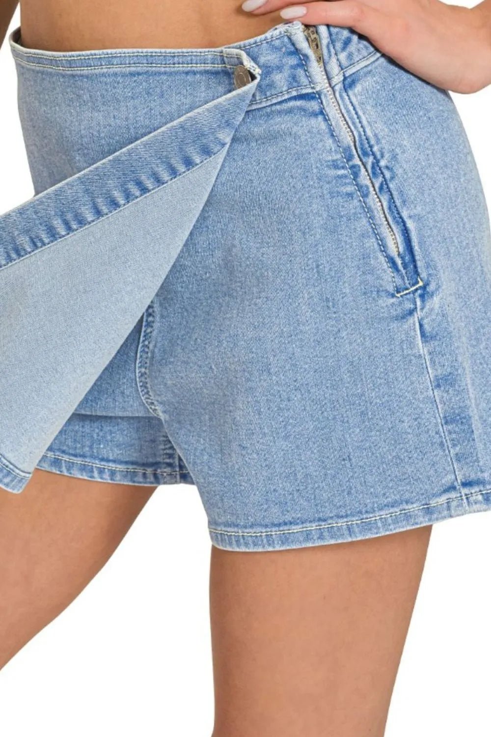 Zenana Wrap Front Skort Denim Shorts - JUST - JEN BOUTIQUE