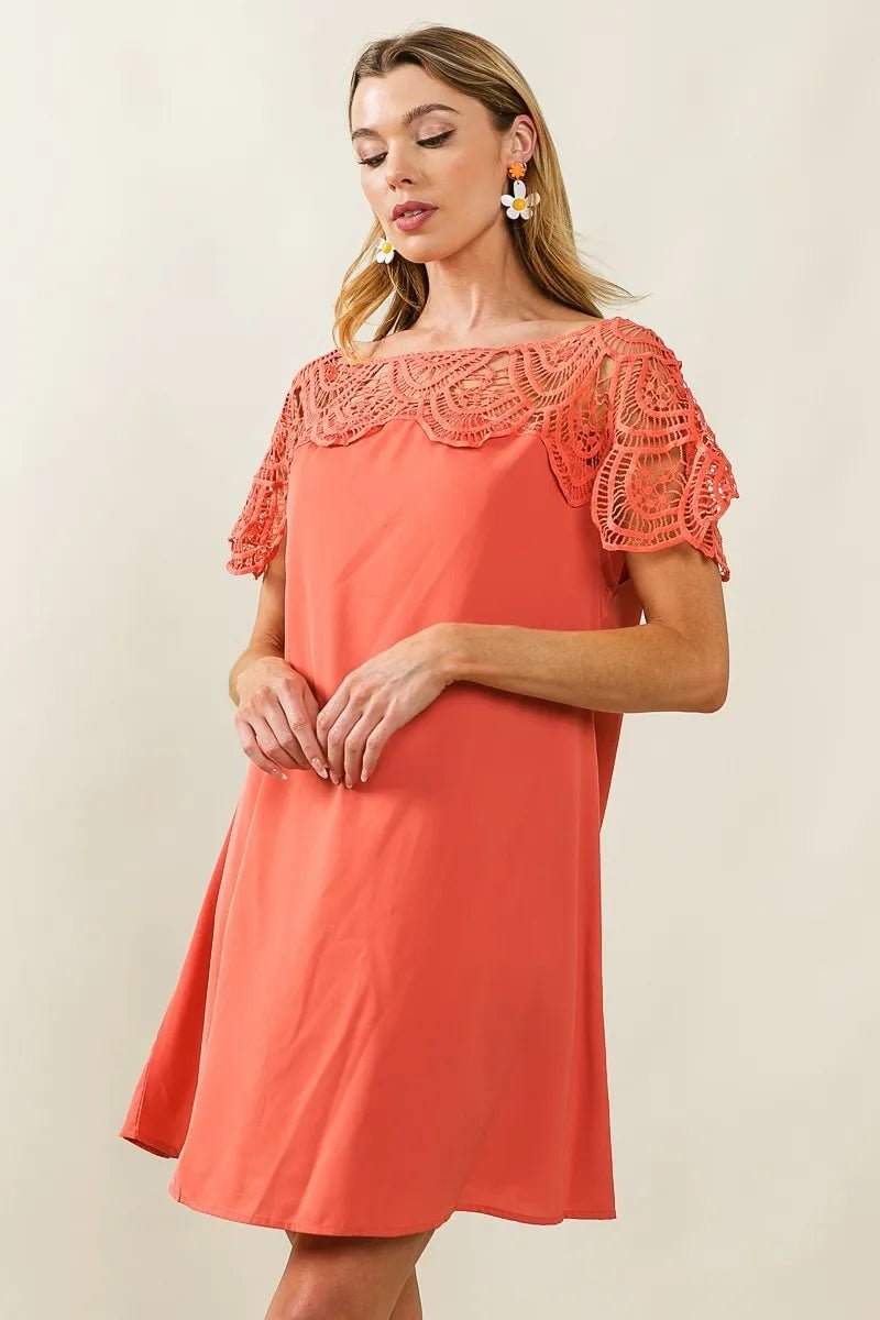 BiBi Crochet Lace Yoke Detailed Wrinkled Dress - JUST - JEN BOUTIQUE