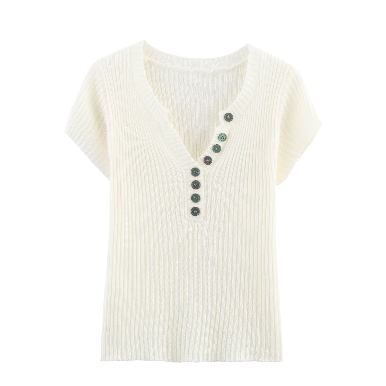 V - neck short sleeved button knit T-shirt top for women - JUST - JEN BOUTIQUE
