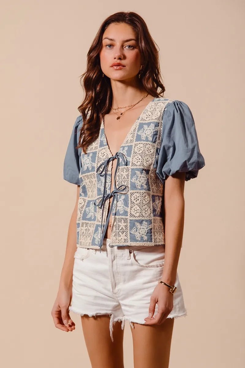 SO ME Crochet Lace Tie Front V Neck Blouse Top - JUST - JEN BOUTIQUE