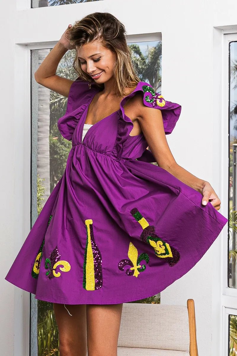 BiBi Mardi Gras Sequin Embroidery Ruffled Dress - JUST - JEN BOUTIQUE
