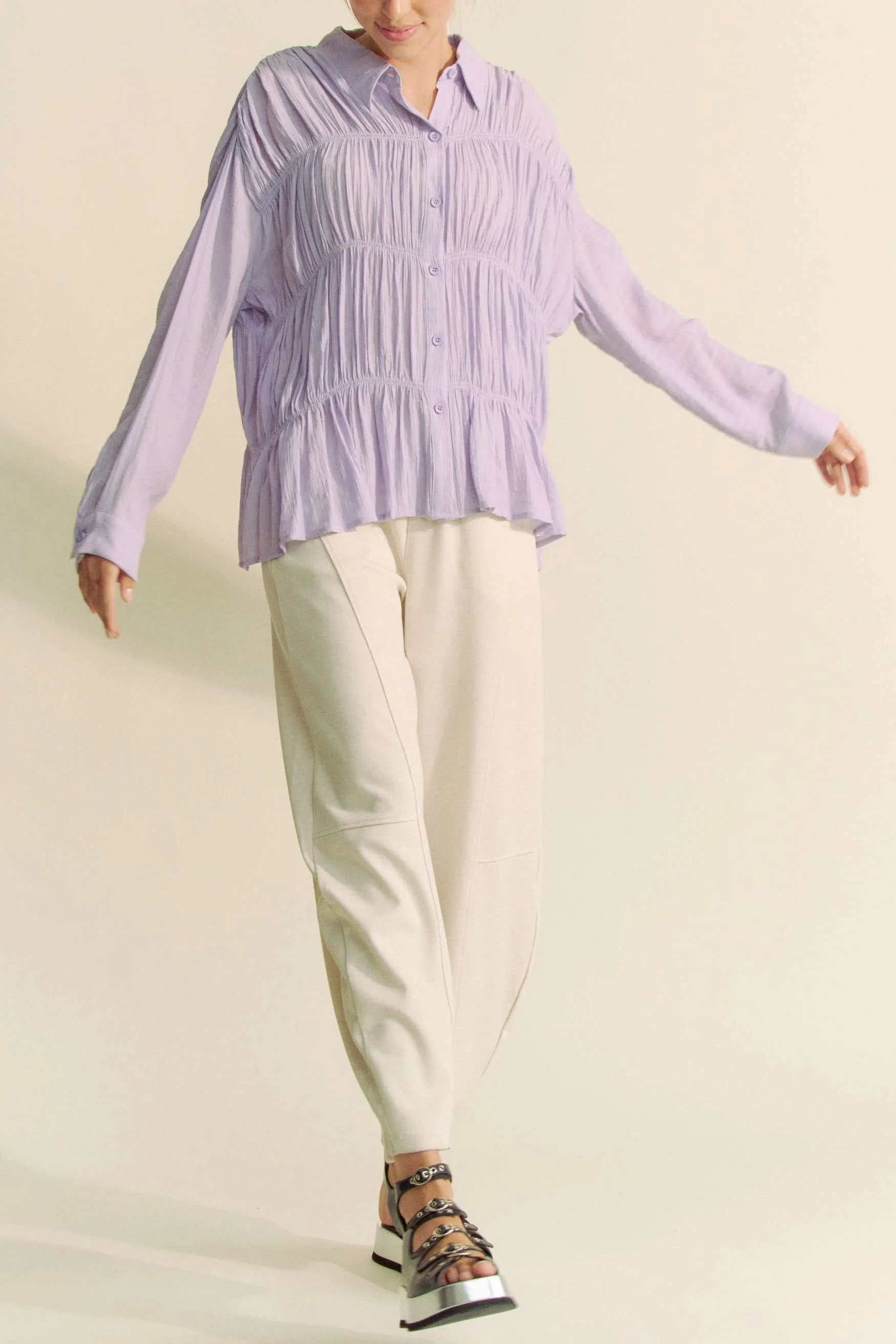 Davi & Dani Ruched All Over Button Front Shirt - JUST - JEN BOUTIQUE