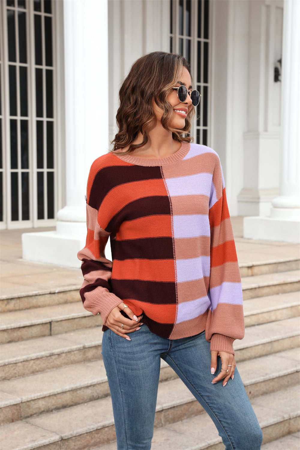 Round Neck Long Sleeve Color Block Dropped Shoulder Pullover Sweater