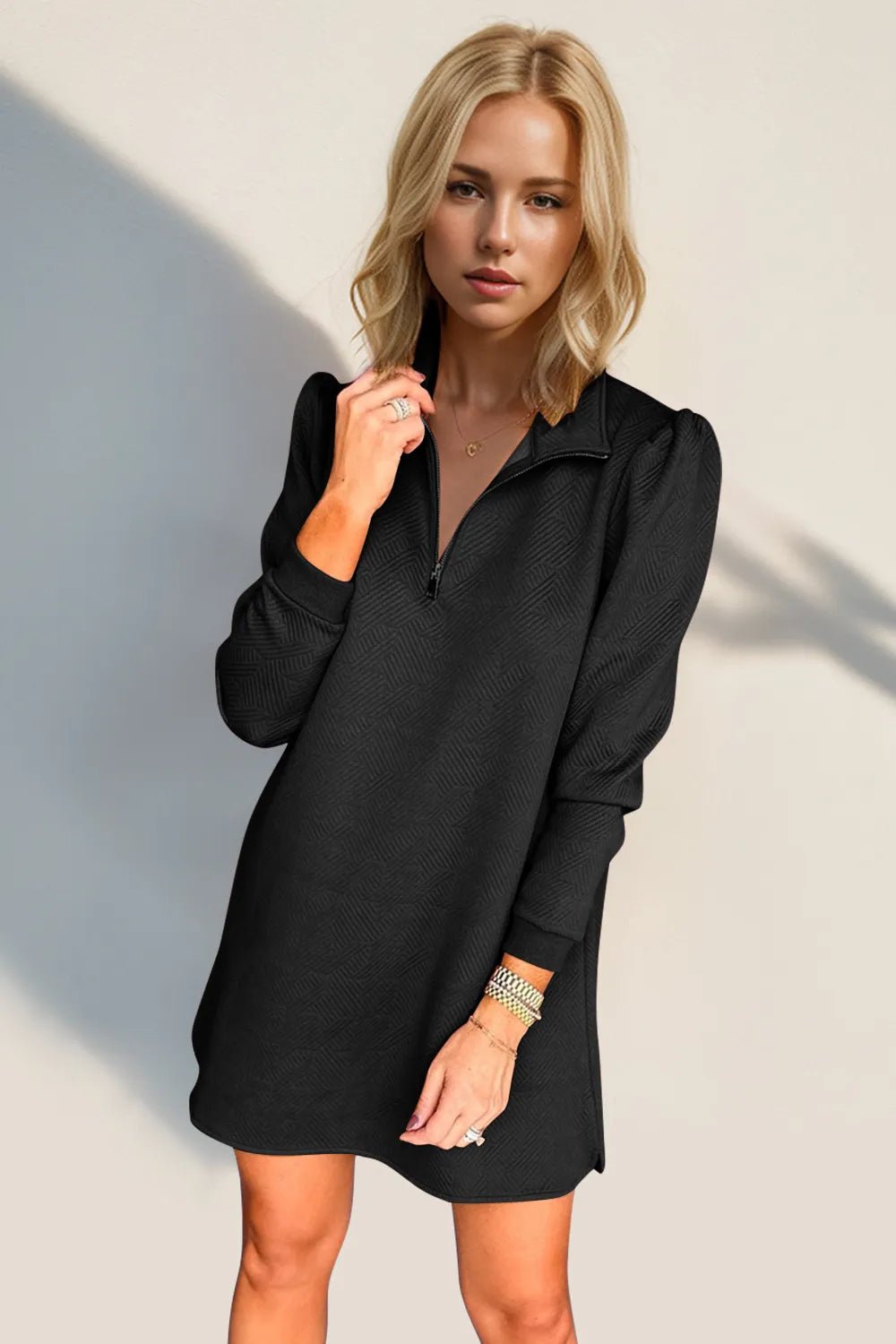 Double Take Textured Quarter Zip Long Sleeve Dress - JUST - JEN BOUTIQUE