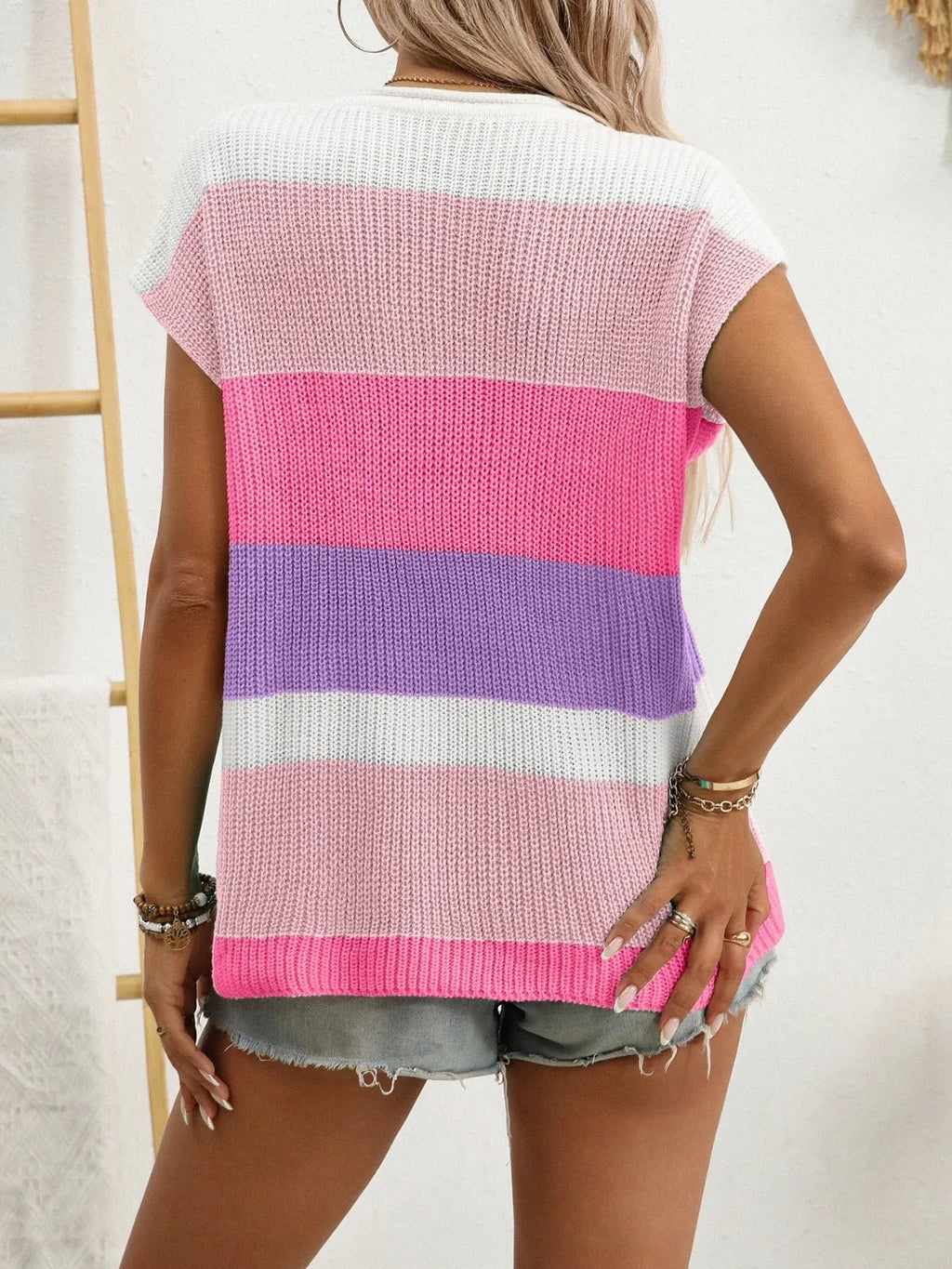 Color Block Notched Short Sleeve Knit Top - JUST - JEN BOUTIQUE