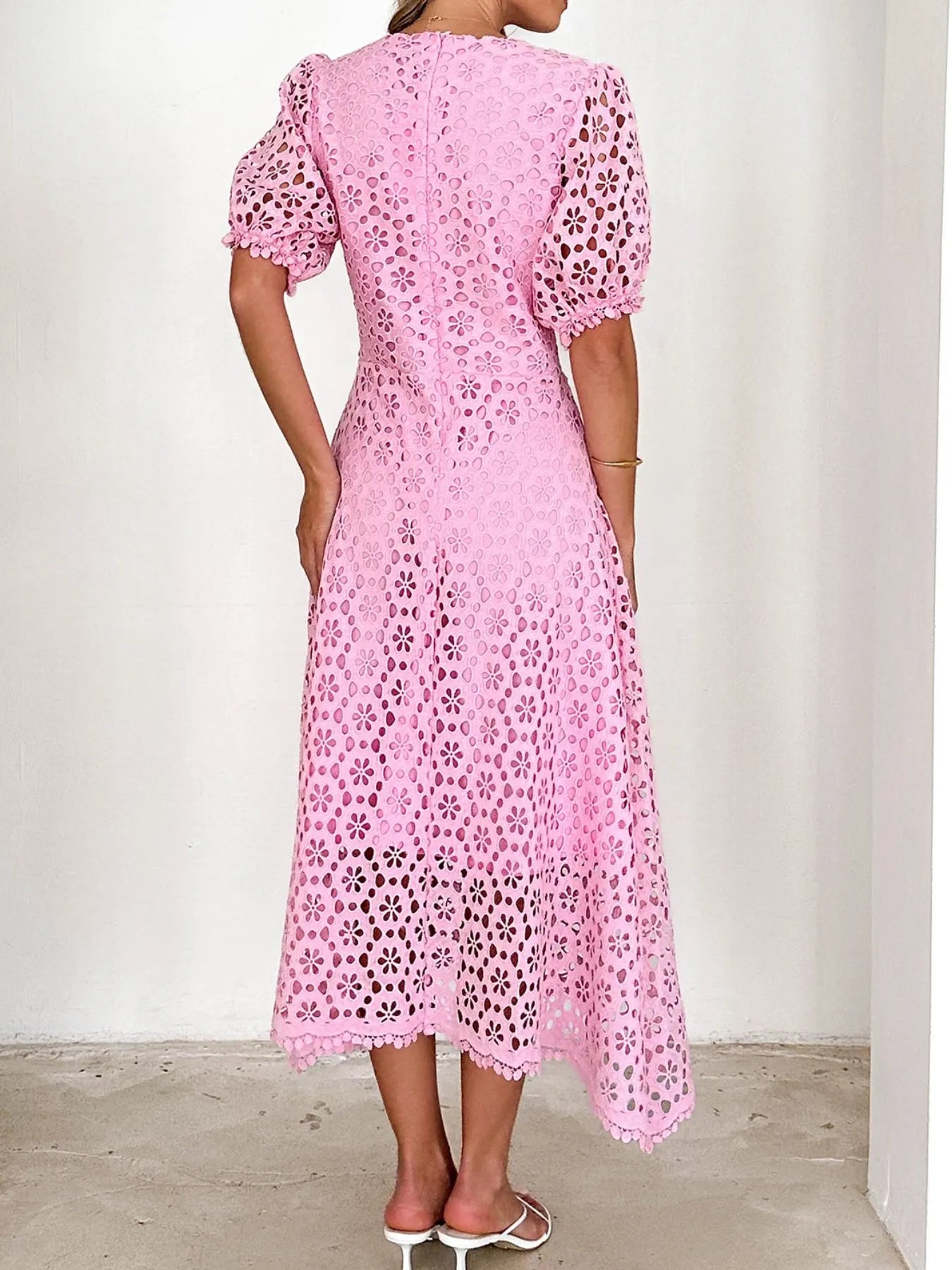 Eyelet Lace V - Neck Midi Dress with Puff Sleeves - JUST - JEN BOUTIQUE