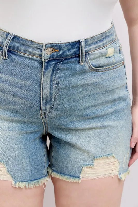 Judy Blue Full Size High Rise Washed Fly Stitch Detail and Destroy Denim Shorts Plus Size - JUST - JEN BOUTIQUE