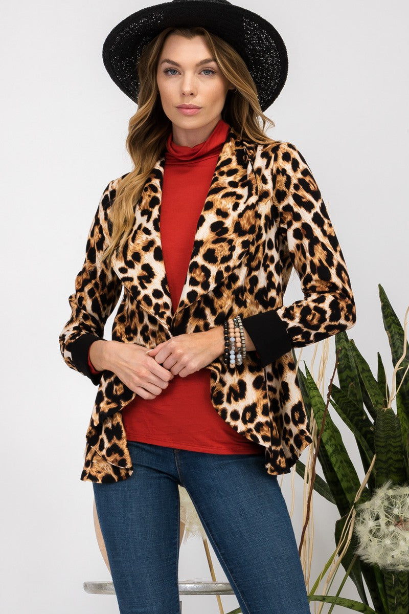 Celeste Full Size Leopard Open Front Long Sleeve Blazer